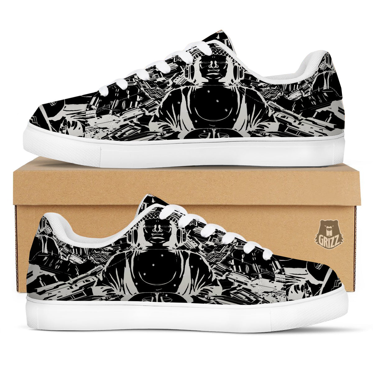 Technical Buddha Black And White Print White Low Top Sneakers-grizzshop