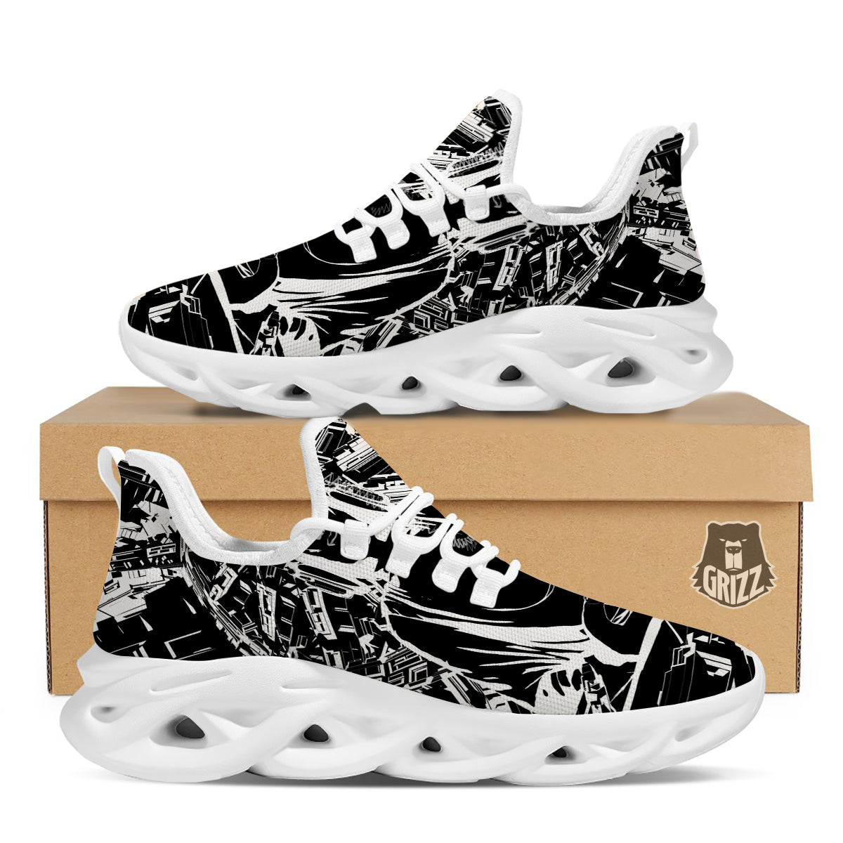 Technical Buddha Black And White Print White Running Shoes-grizzshop