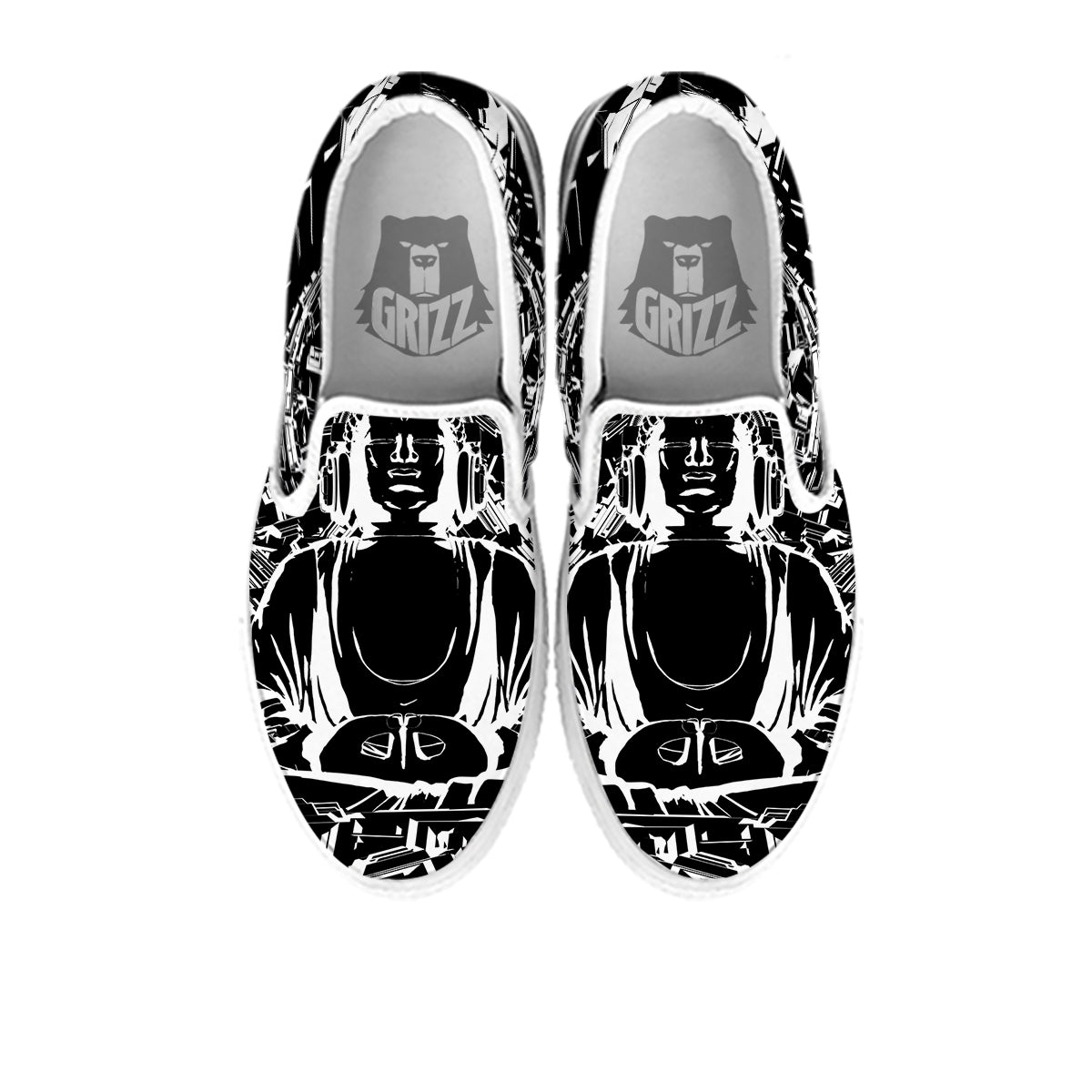 Technical Buddha Black And White Print White Slip On Shoes-grizzshop