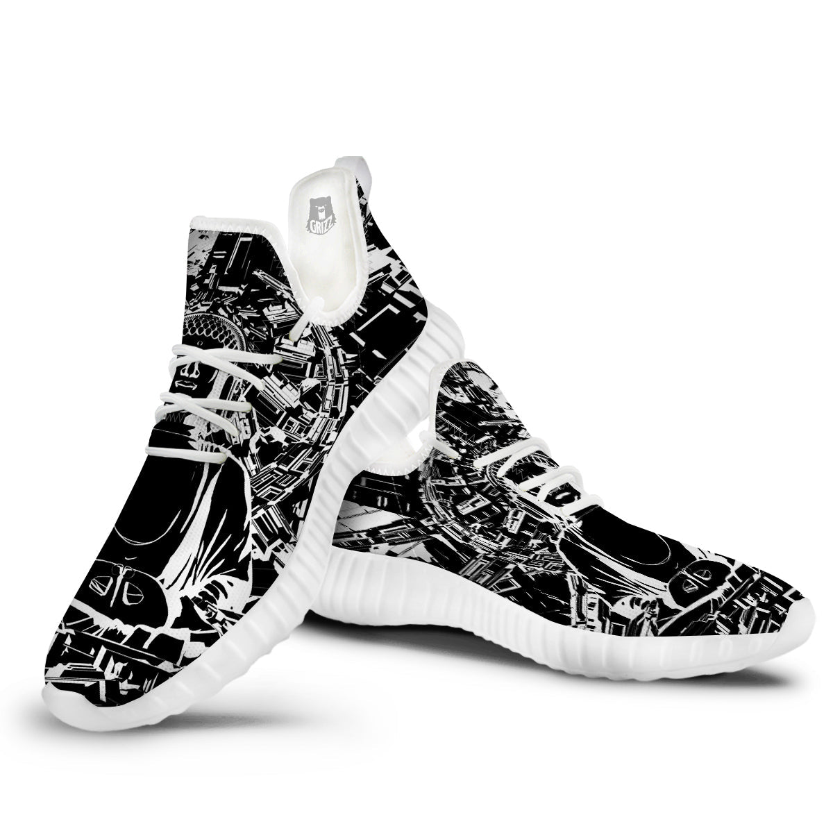 Technical Buddha Black And White Print White Walking Shoes-grizzshop