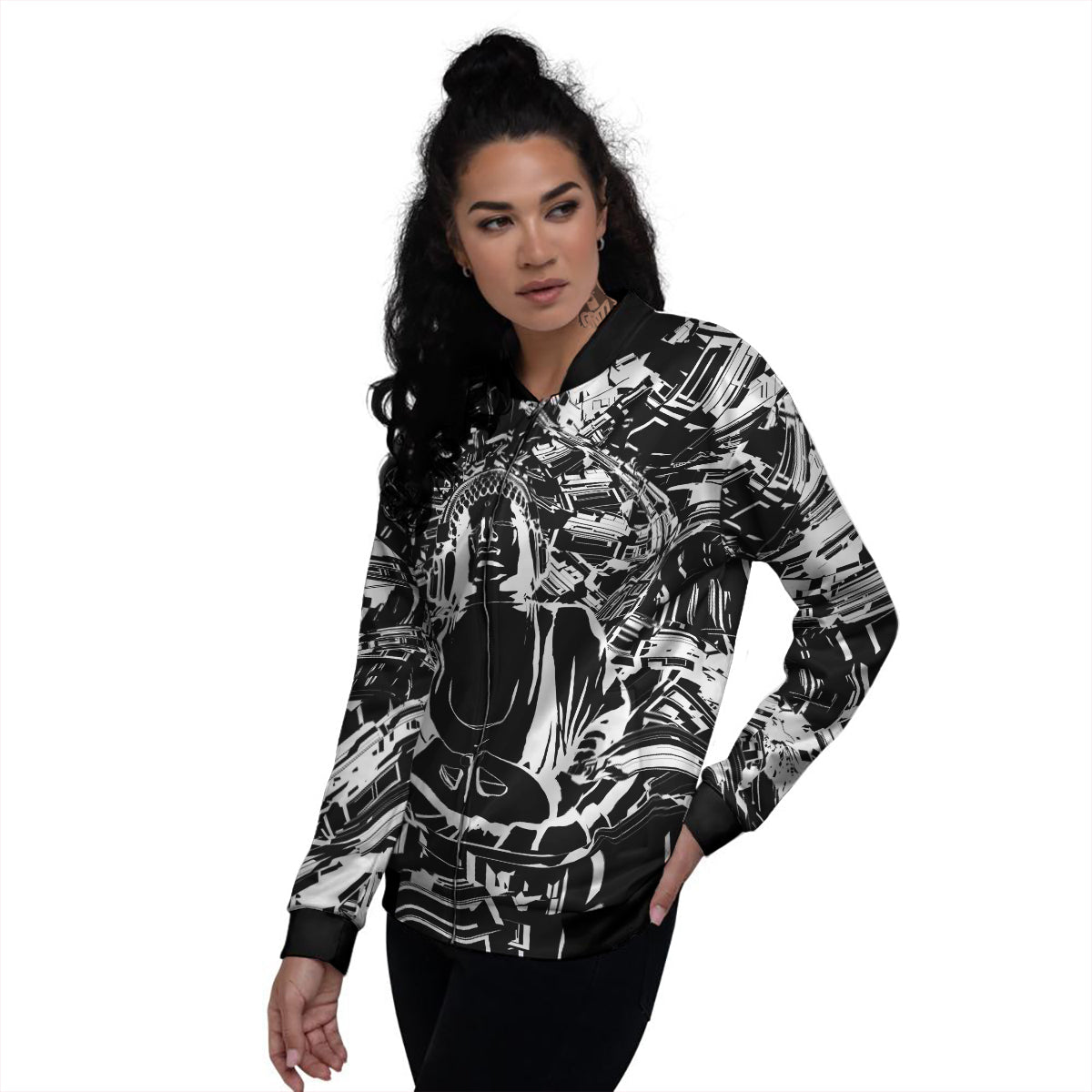 Technical Buddha Black And White Print Women's Bomber Jacket-grizzshop