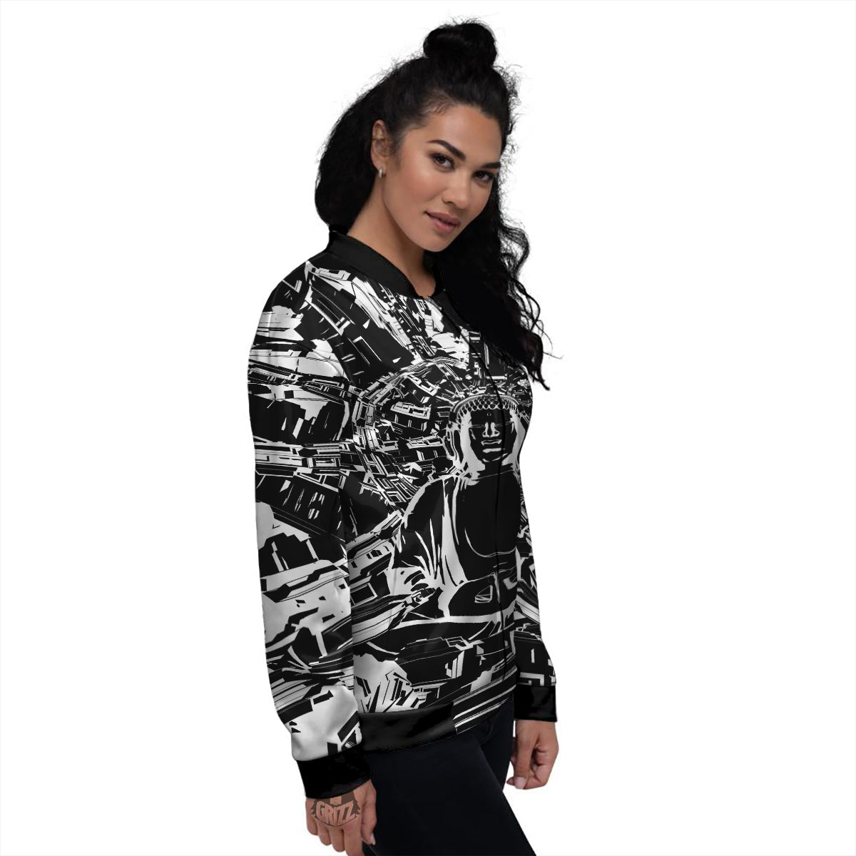 Technical Buddha Black And White Print Women's Bomber Jacket-grizzshop