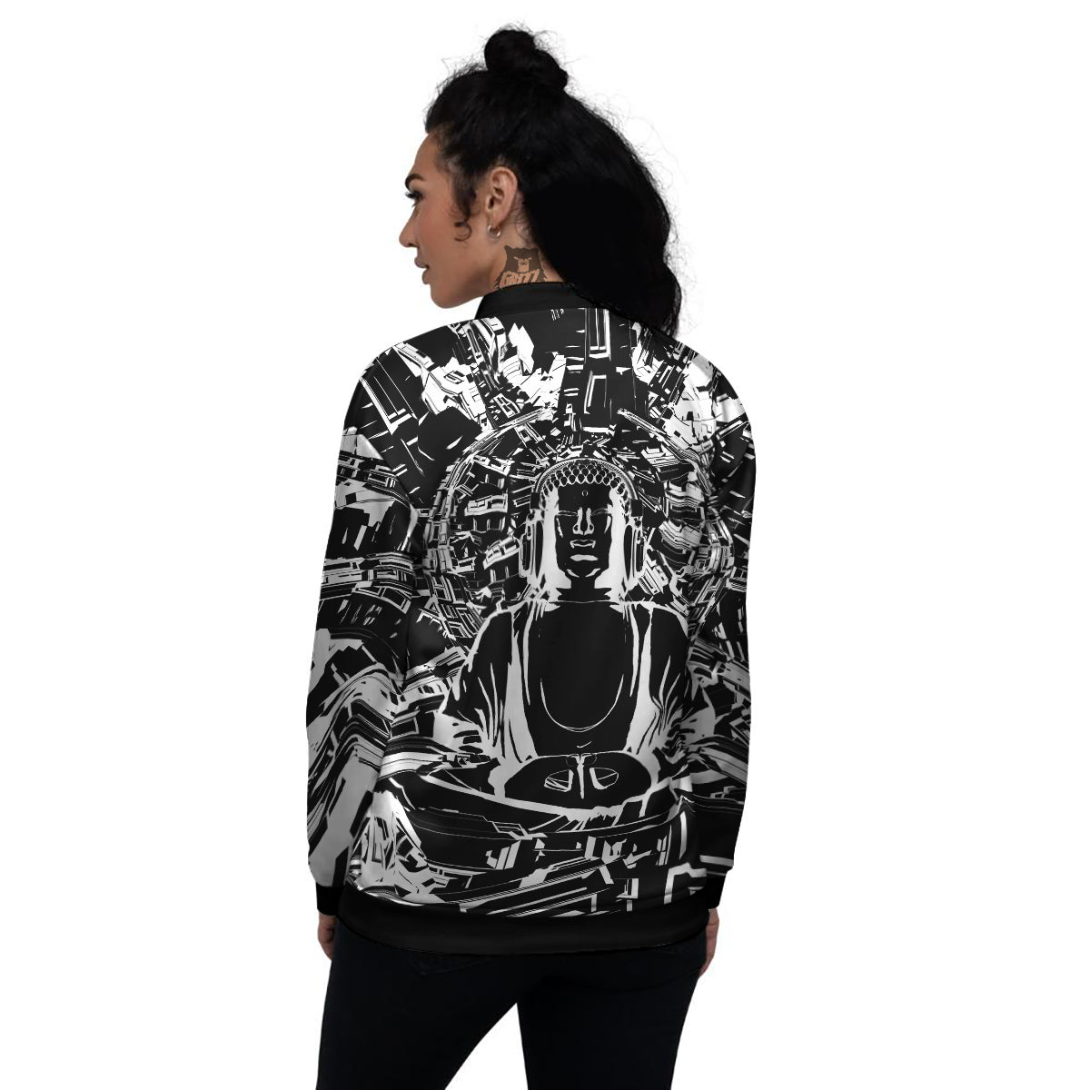 Technical Buddha Black And White Print Women's Bomber Jacket-grizzshop