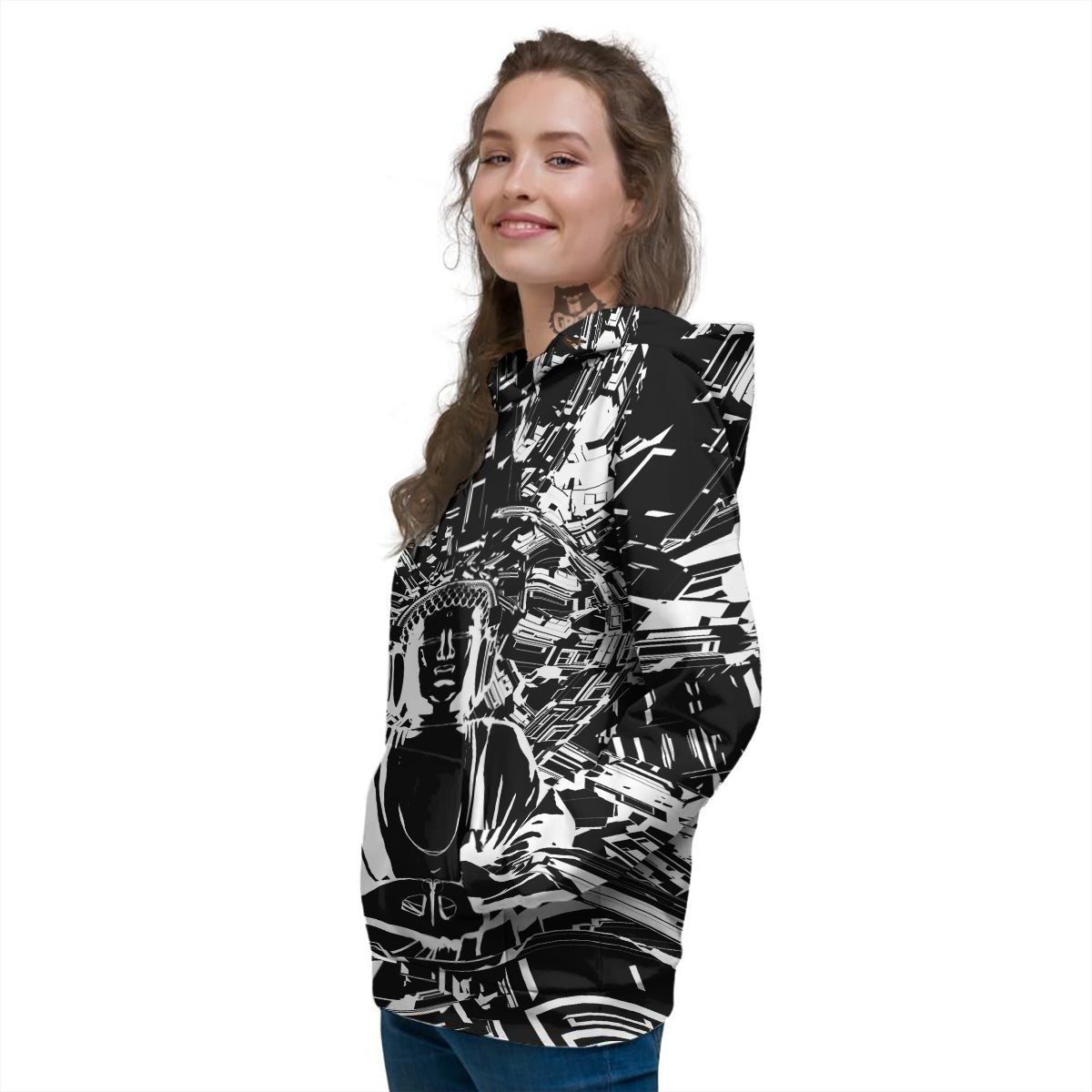 Technical Buddha Black And White Print Women's Hoodie-grizzshop