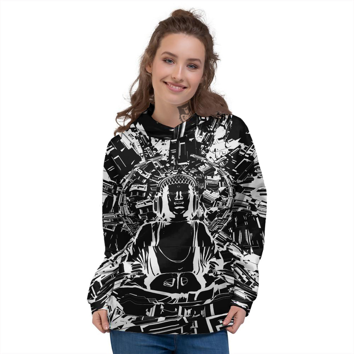 Technical Buddha Black And White Print Women's Hoodie-grizzshop