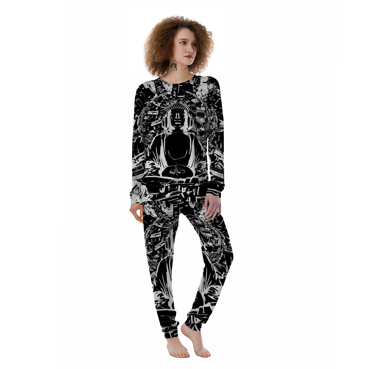 Technical Buddha Black And White Print Women's Pajamas-grizzshop