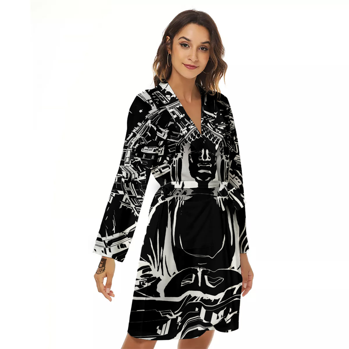 Technical Buddha Black And White Print Women's Robe-grizzshop