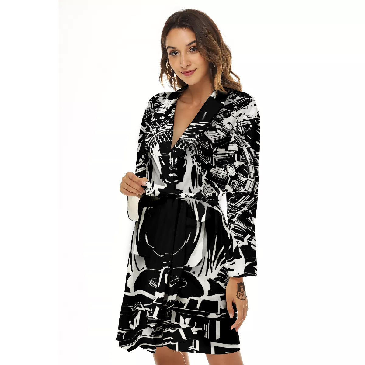 Technical Buddha Black And White Print Women's Robe-grizzshop
