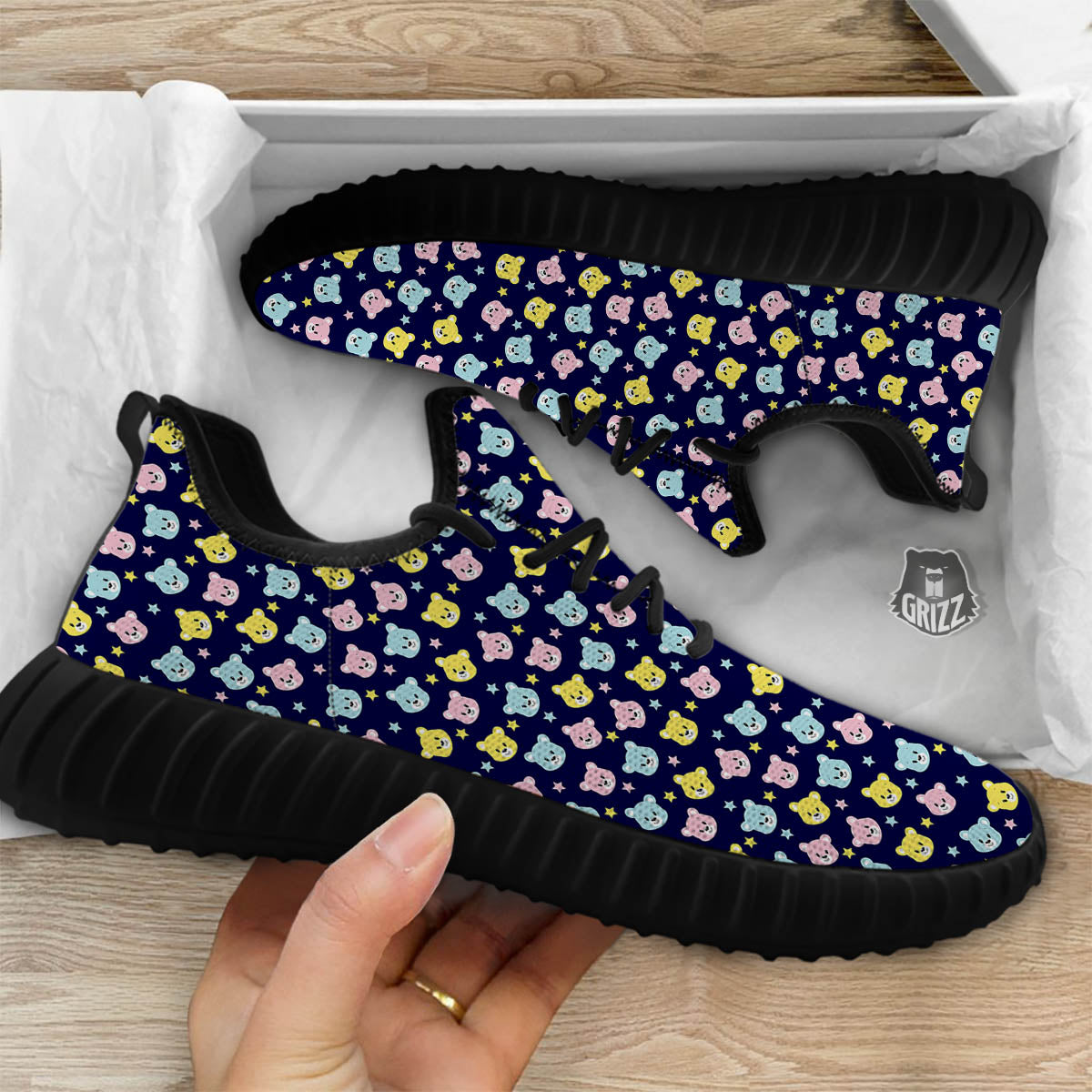 Teddy Bear Cartoon Print Pattern Black Walking Shoes-grizzshop