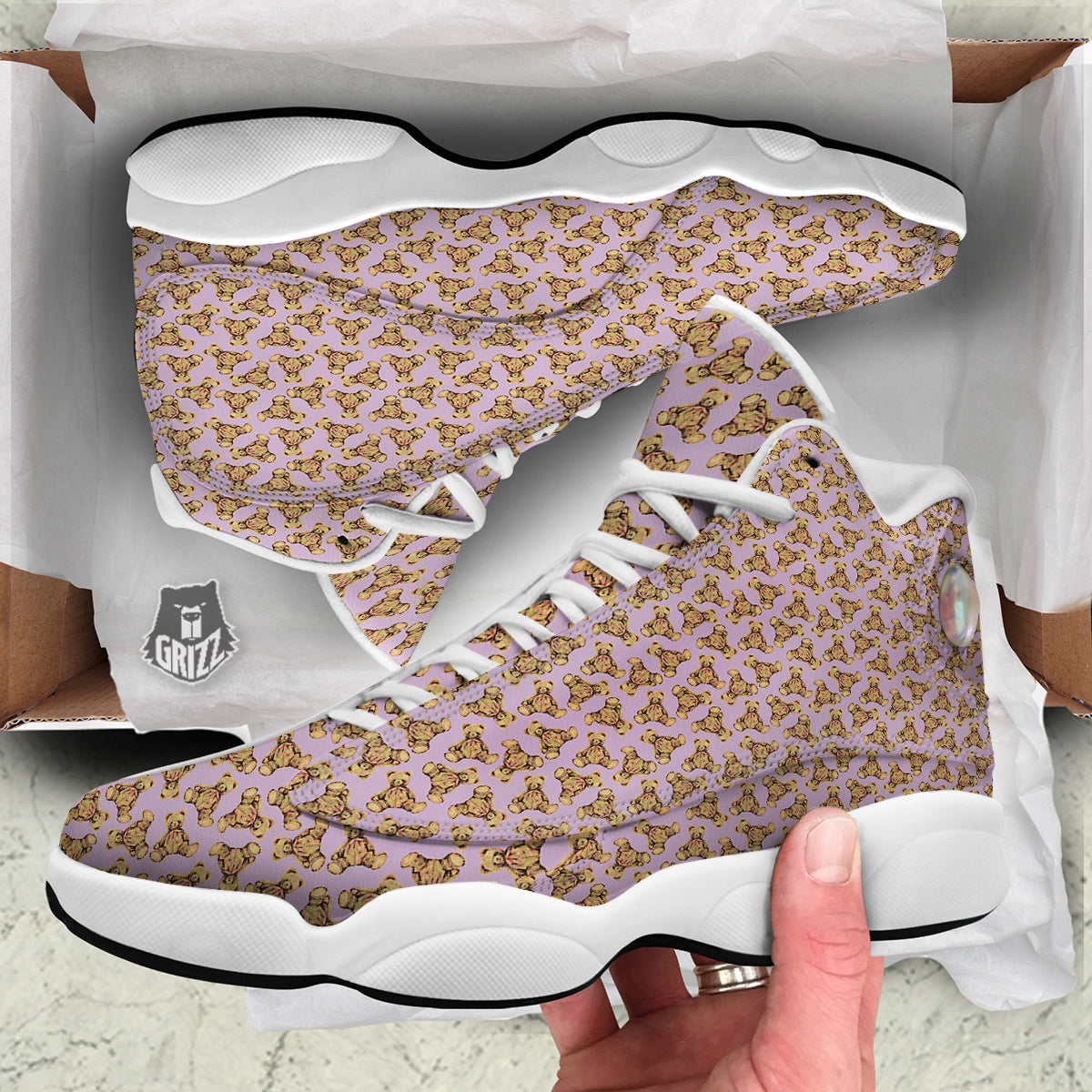 Teddy Bear Cute Print Pattern White Basketball Shoes-grizzshop