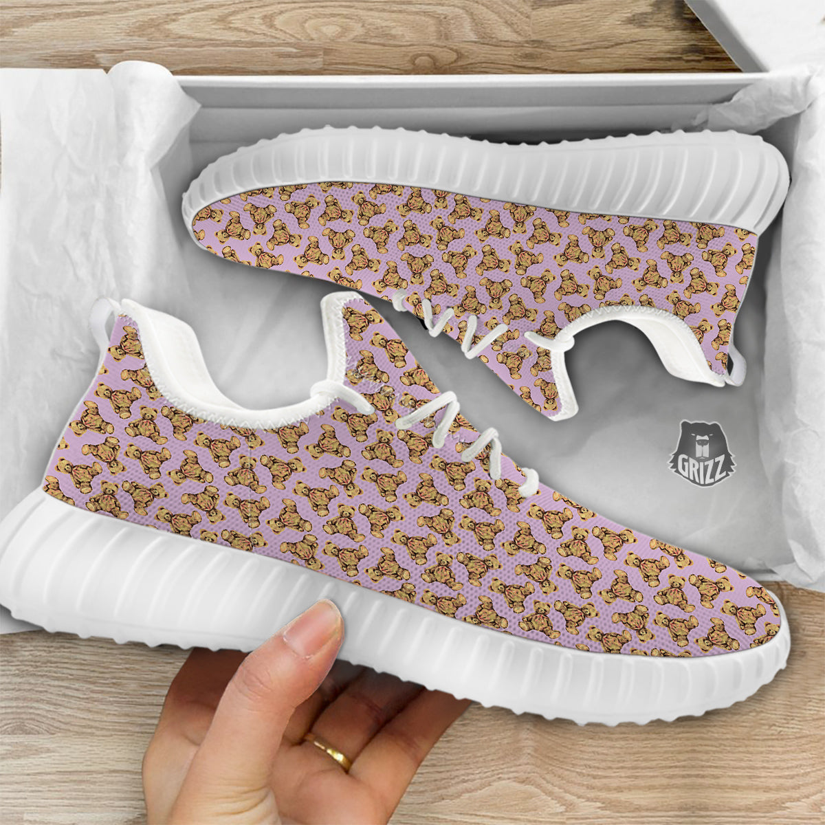 Teddy Bear Cute Print Pattern White Walking Shoes-grizzshop
