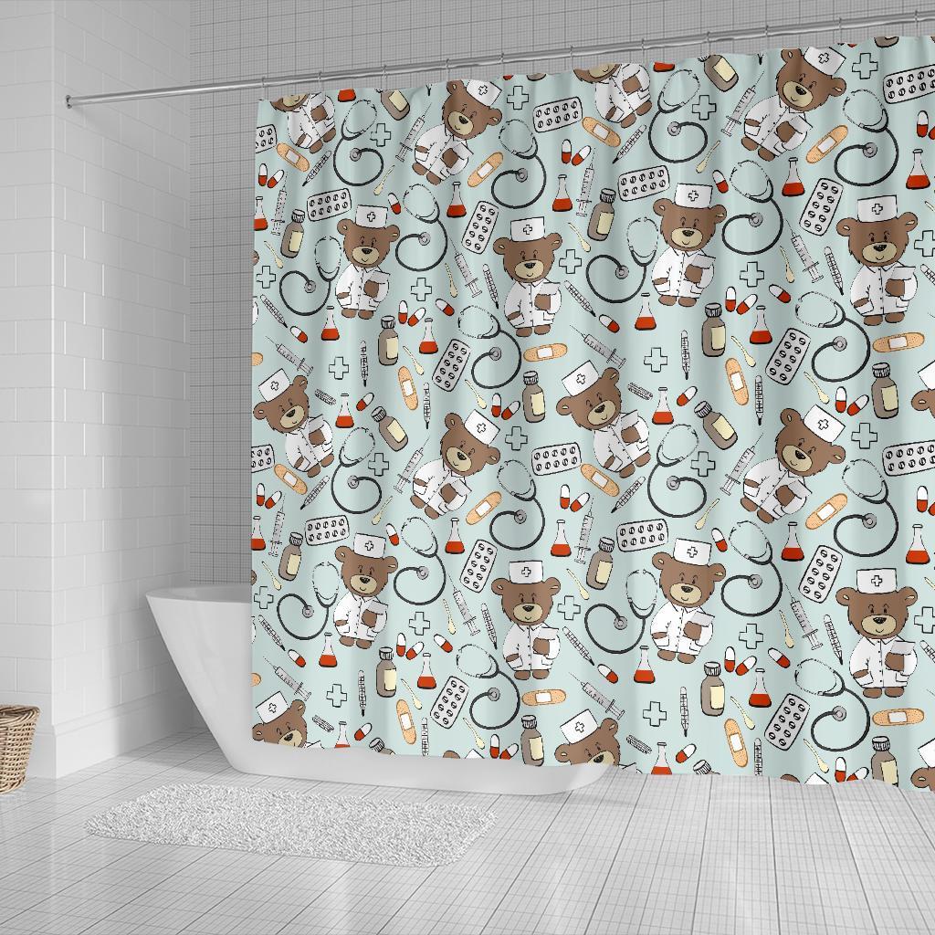 Teddy Bear Nurse Pattern Print Bathroom Shower Curtain-grizzshop