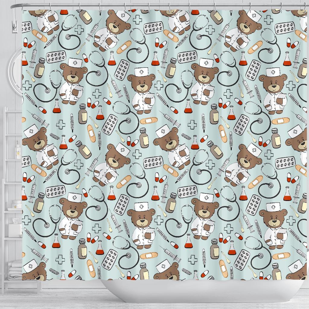 Teddy Bear Nurse Pattern Print Bathroom Shower Curtain-grizzshop