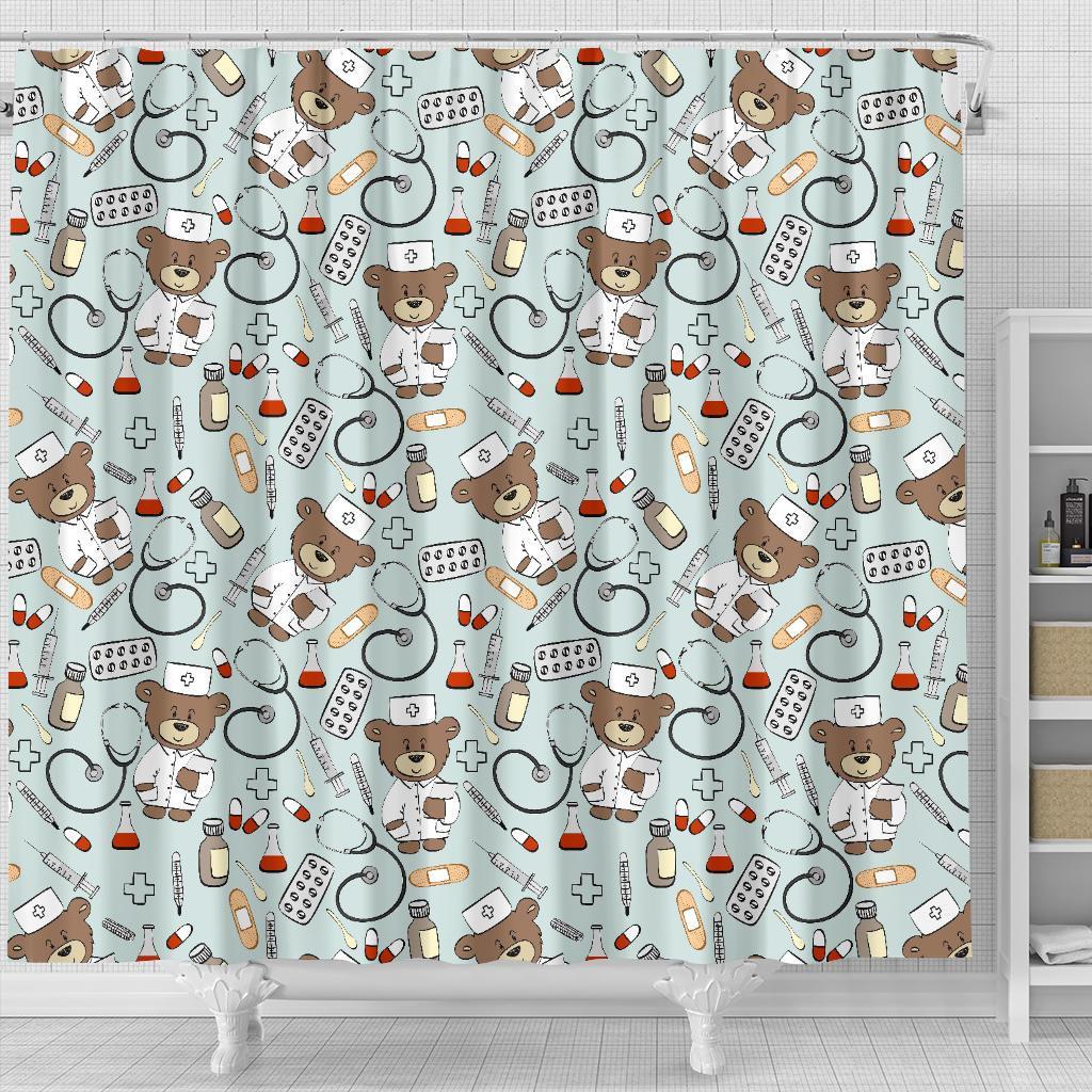 Teddy Bear Nurse Pattern Print Bathroom Shower Curtain-grizzshop