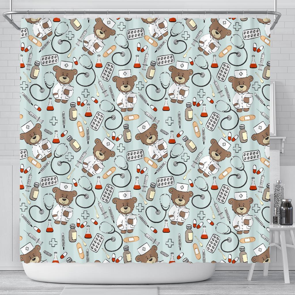 Teddy Bear Nurse Pattern Print Bathroom Shower Curtain-grizzshop