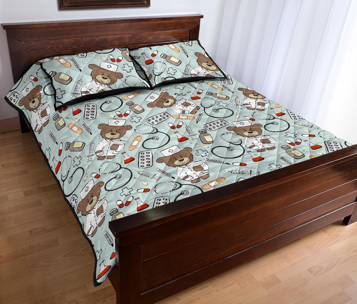 Teddy Bear Nurse Pattern Print Bed Set Quilt-grizzshop