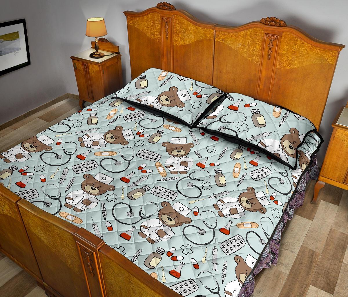 Teddy Bear Nurse Pattern Print Bed Set Quilt-grizzshop