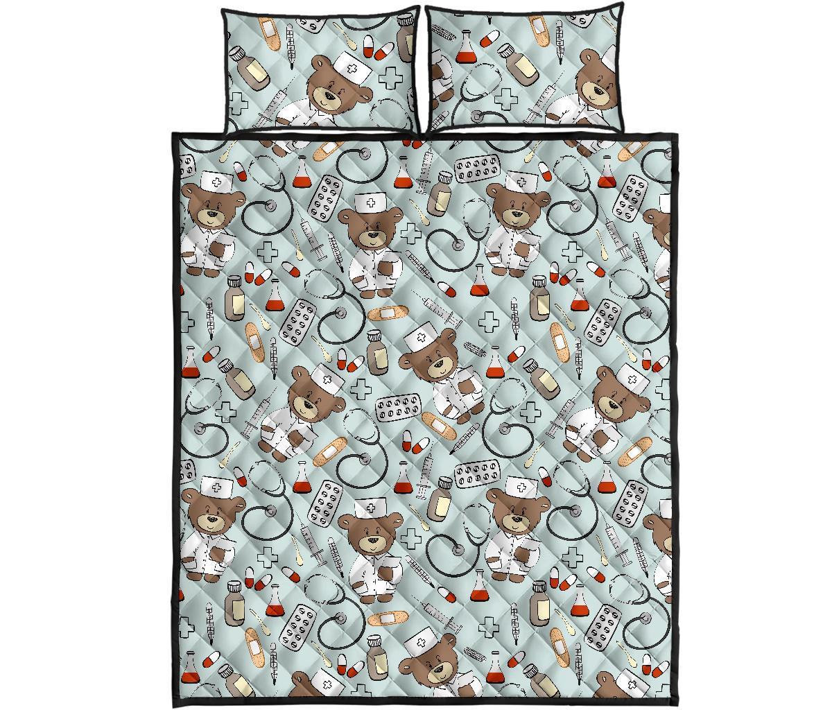 Teddy Bear Nurse Pattern Print Bed Set Quilt-grizzshop