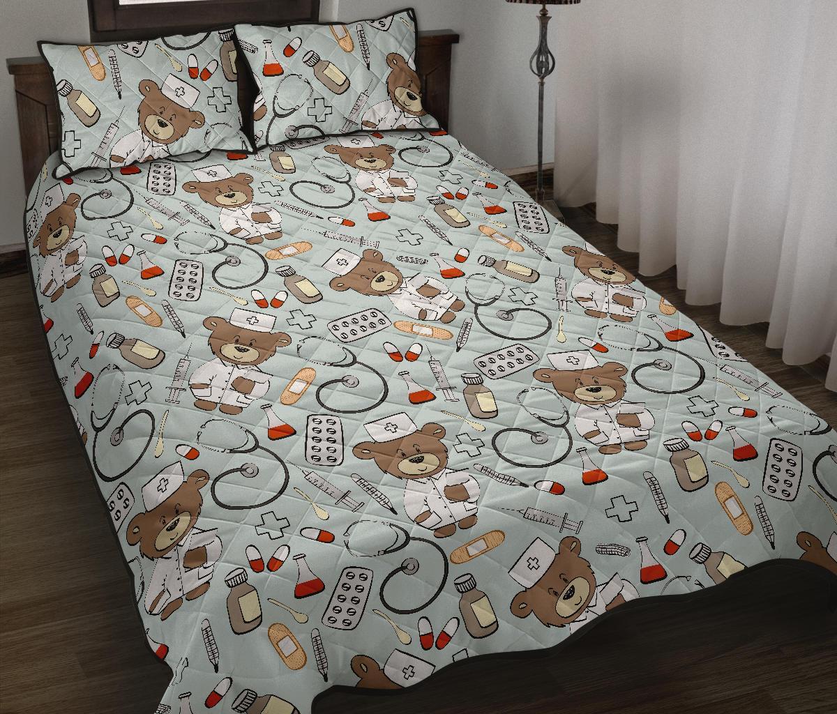 Teddy Bear Nurse Pattern Print Bed Set Quilt-grizzshop