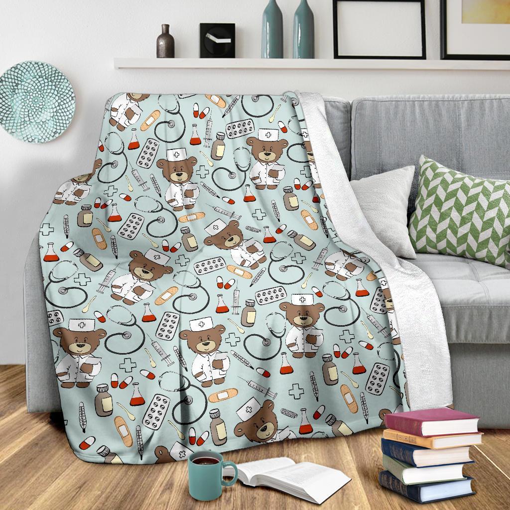 Teddy Bear Nurse Pattern Print Blanket-grizzshop