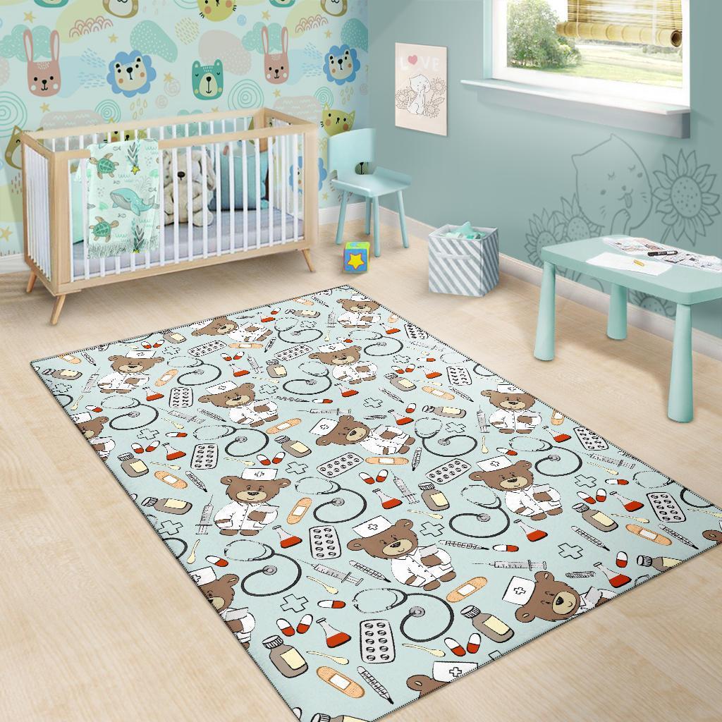 Teddy Bear Nurse Pattern Print Floor Mat-grizzshop