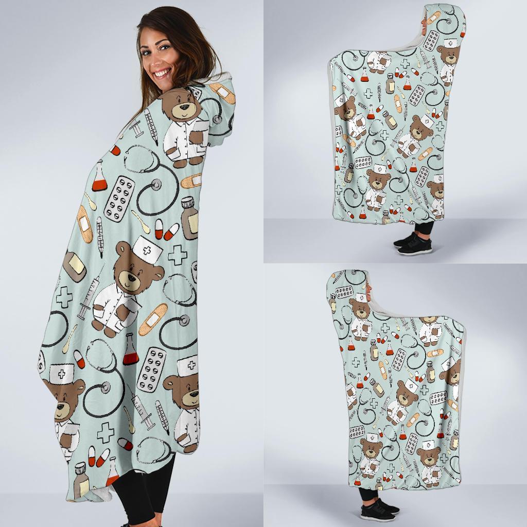 Teddy Bear Nurse Pattern Print Hooded Blanket-grizzshop