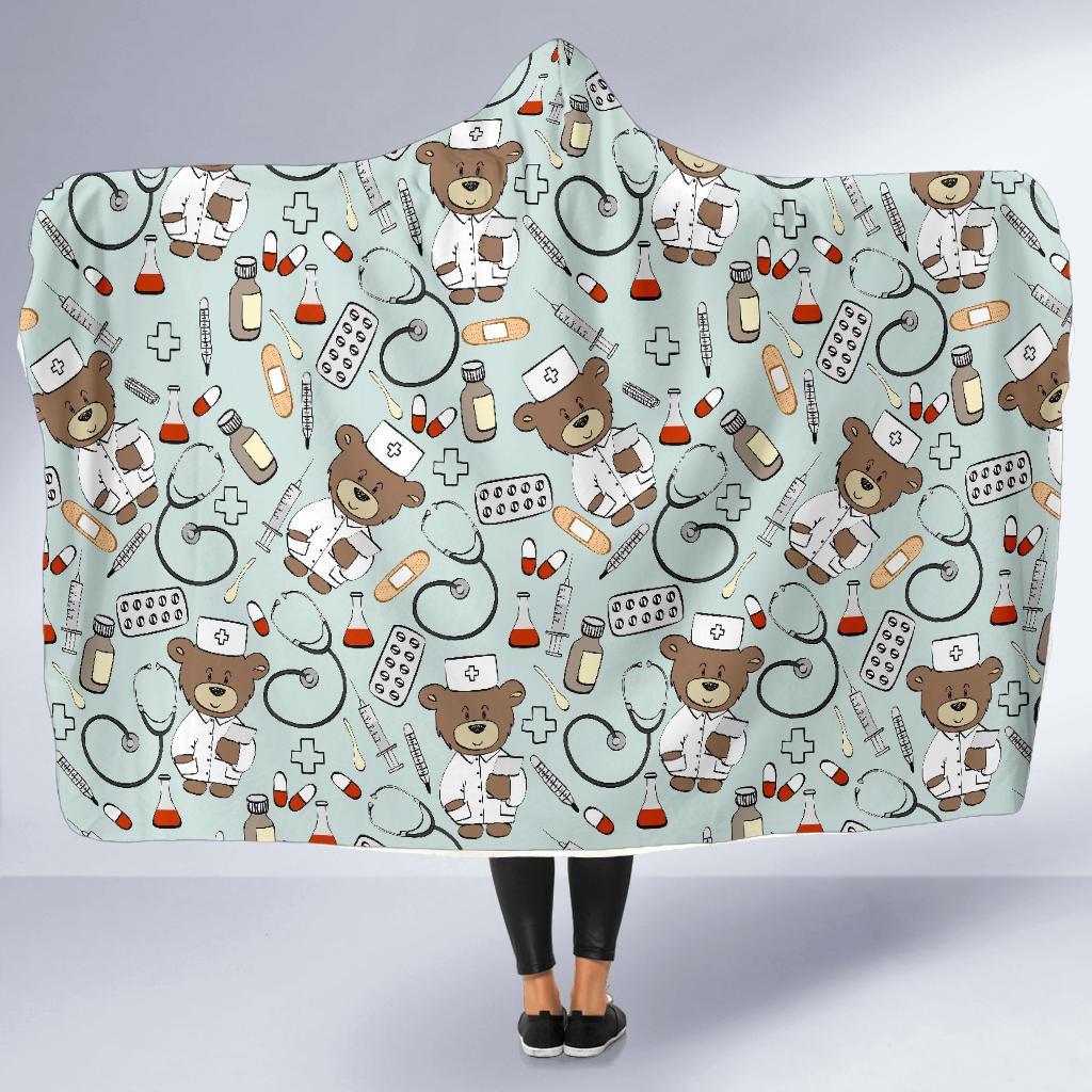 Teddy Bear Nurse Pattern Print Hooded Blanket-grizzshop