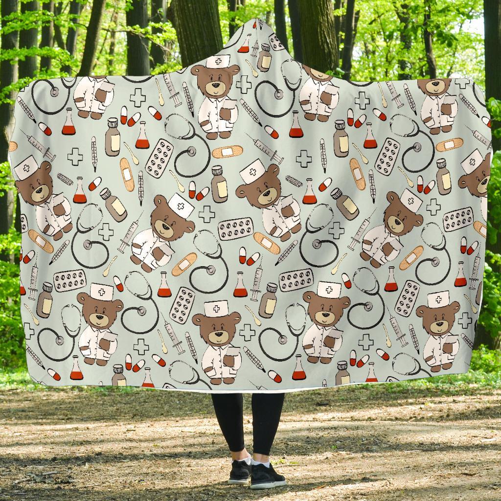 Teddy Bear Nurse Pattern Print Hooded Blanket-grizzshop