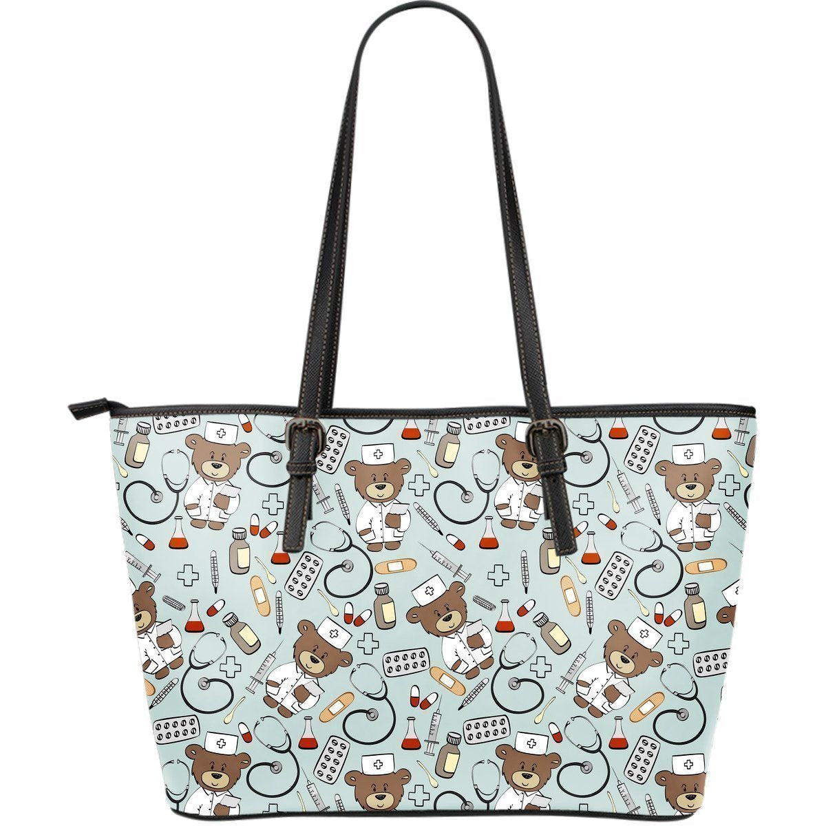 Teddy Bear Nurse Pattern Print Leather Tote Bag-grizzshop