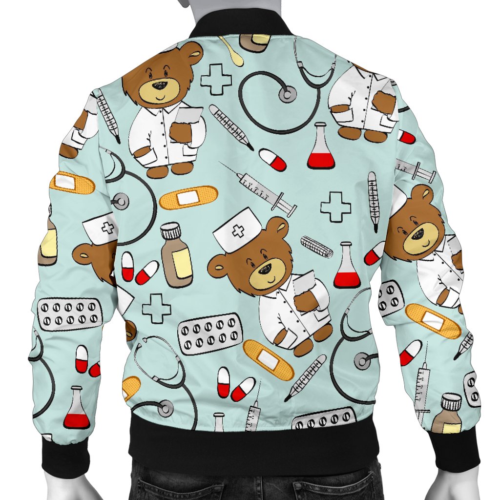 Teddy Bear Nurse Pattern Print Men's Bomber Jacket-grizzshop