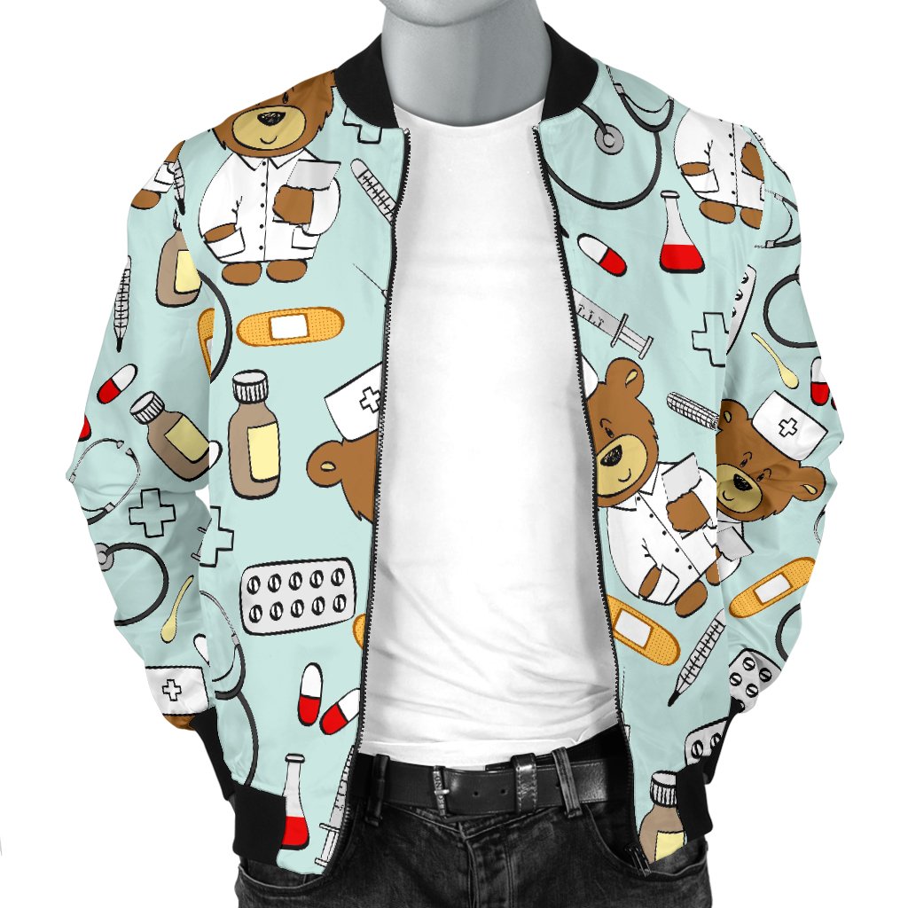 Teddy Bear Nurse Pattern Print Men's Bomber Jacket-grizzshop