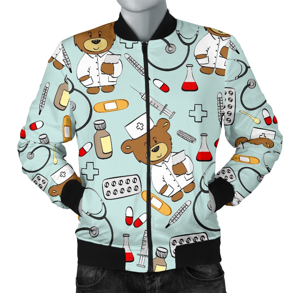 Teddy Bear Nurse Pattern Print Men's Bomber Jacket-grizzshop