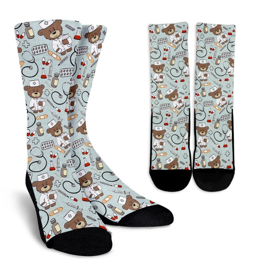 Teddy Bear Nurse Pattern Print Unisex Crew Socks-grizzshop