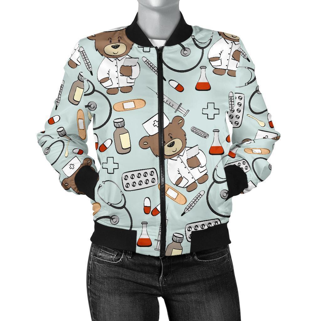 Teddy Bear Nurse Pattern Print Women Casual Bomber Jacket-grizzshop