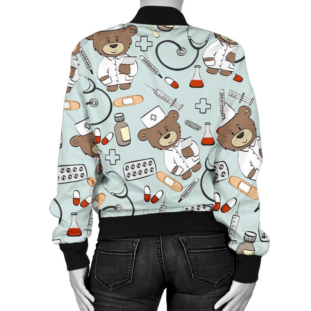 Teddy Bear Nurse Pattern Print Women Casual Bomber Jacket-grizzshop