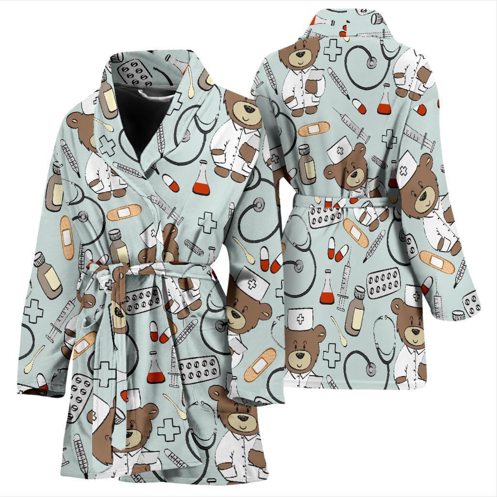 Teddy Bear Nurse Pattern Print Women Long Robe-grizzshop