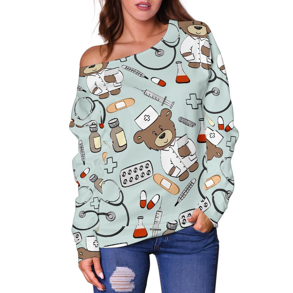 Teddy Bear Nurse Pattern Print Women Off Shoulder Sweatshirt-grizzshop