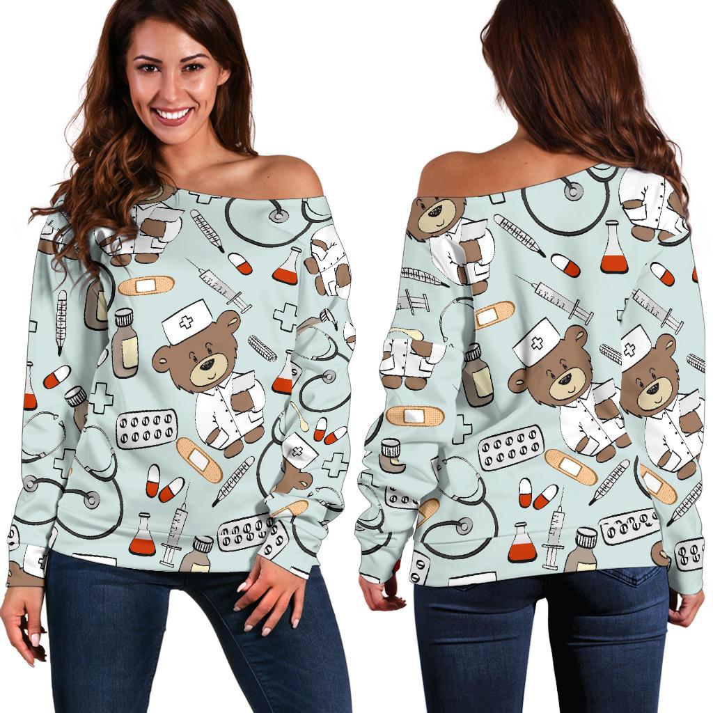 Teddy Bear Nurse Pattern Print Women Off Shoulder Sweatshirt-grizzshop
