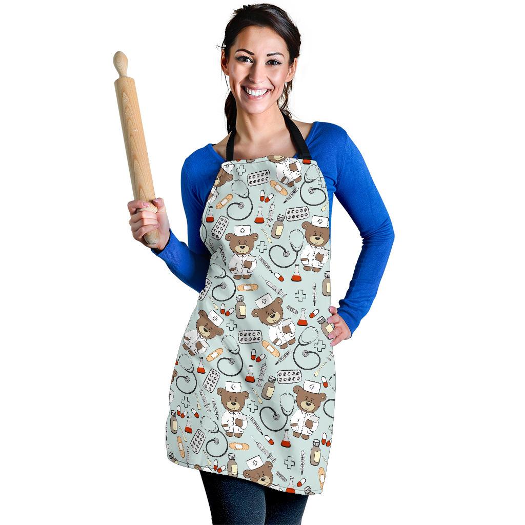 Teddy Bear Nurse Pattern Print Women's Apron-grizzshop