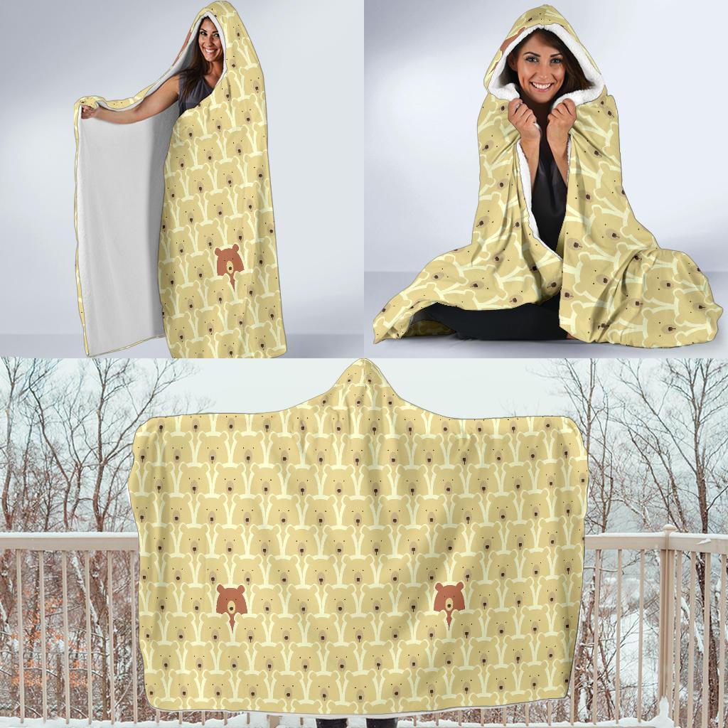 Teddy Bear Pattern Print Hooded Blanket-grizzshop