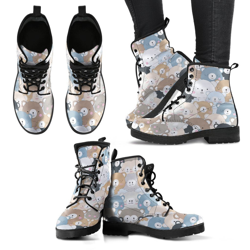 Teddy Bear Print Pattern Men Women Leather Boots-grizzshop