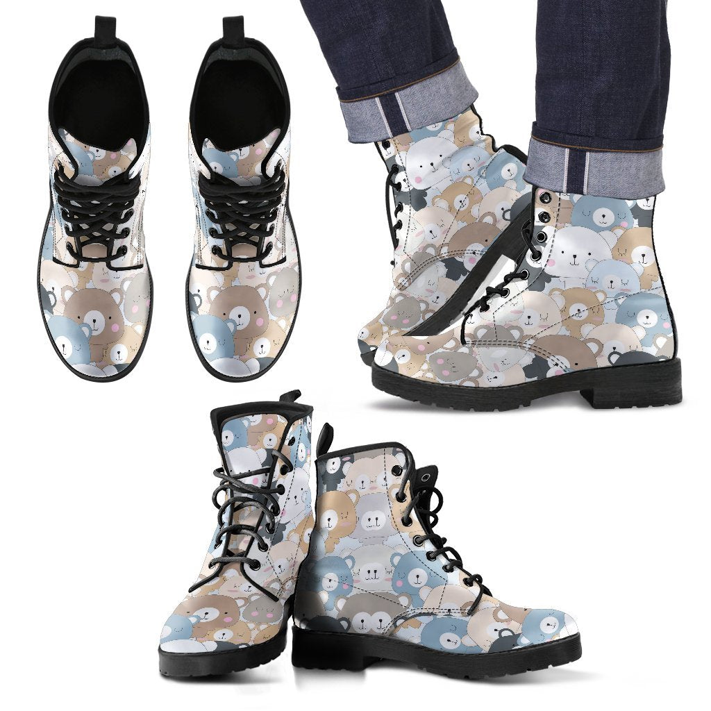 Teddy Bear Print Pattern Men Women Leather Boots-grizzshop