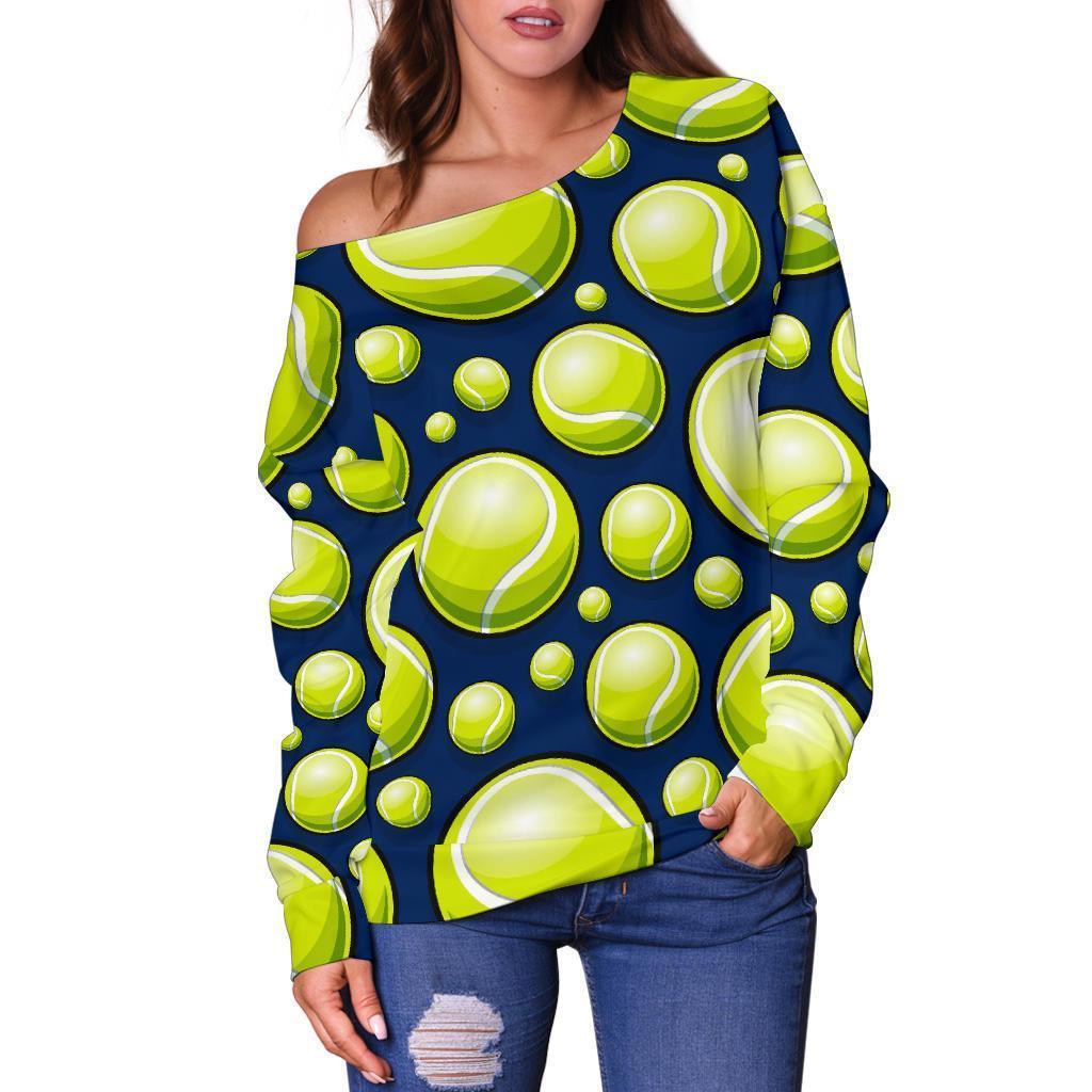 Tennis Ball Pattern Print Women Off Shoulder Sweatshirt-grizzshop