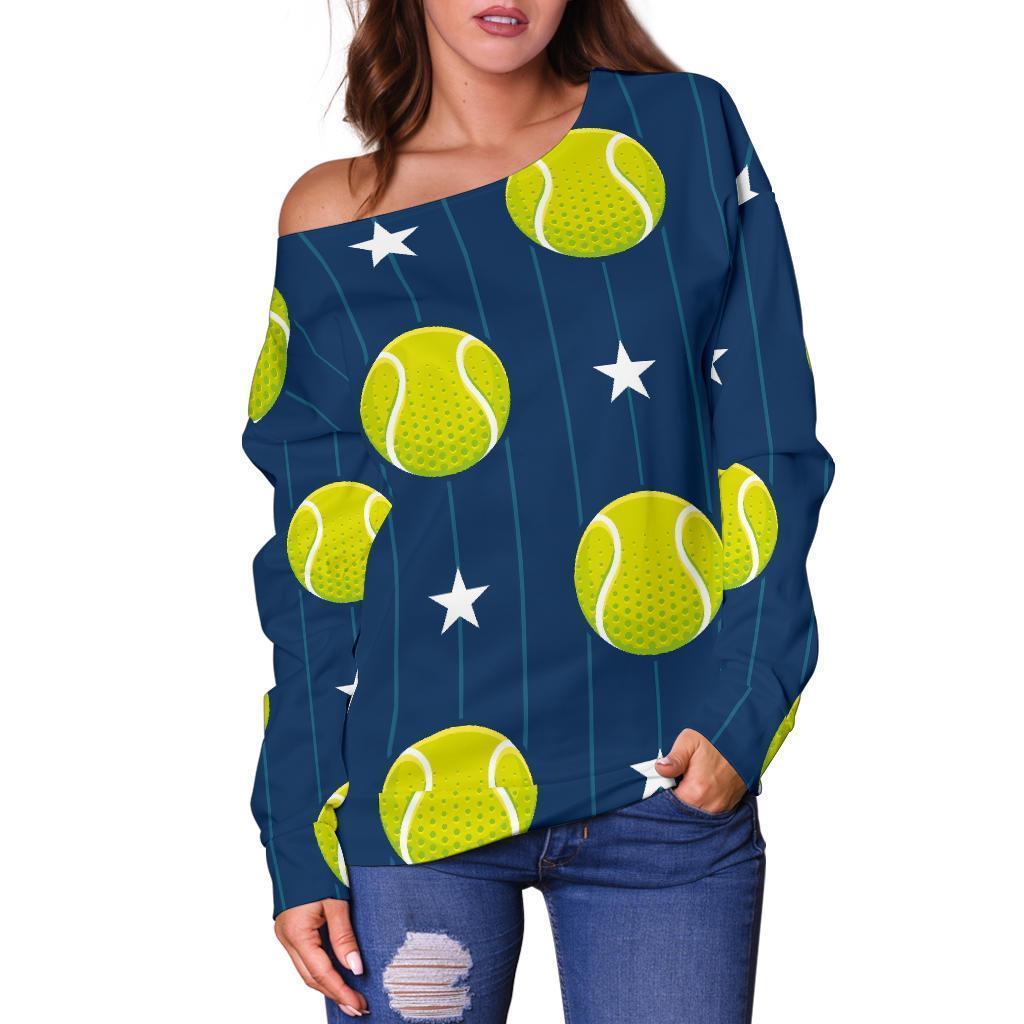 Tennis Pattern Print Women Off Shoulder Sweatshirt-grizzshop