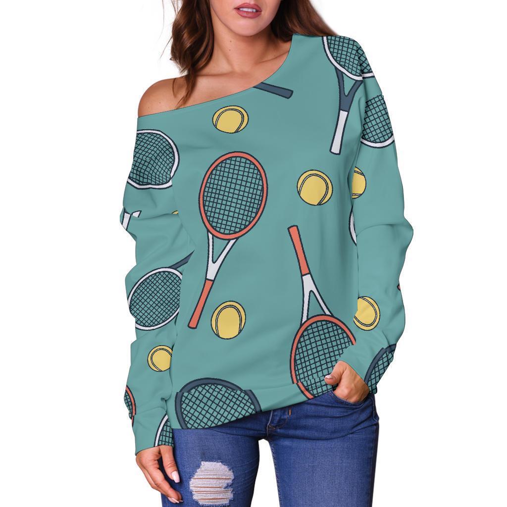 Tennis Print Pattern Women Off Shoulder Sweatshirt-grizzshop