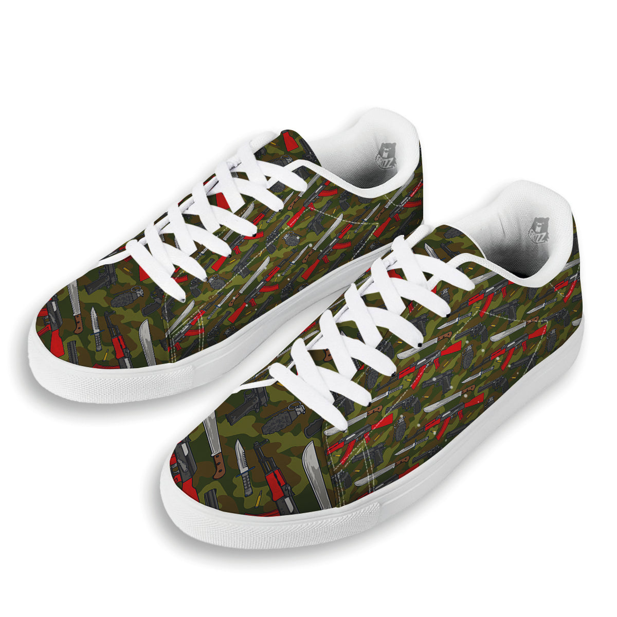Terrorist Weapon Green Camo Print Pattern White Low Top Sneakers-grizzshop