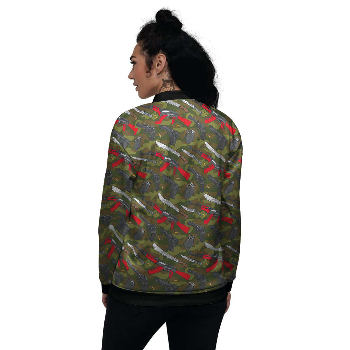 Terrorist Weapon Green Camo Print Pattern Women's Bomber Jacket-grizzshop