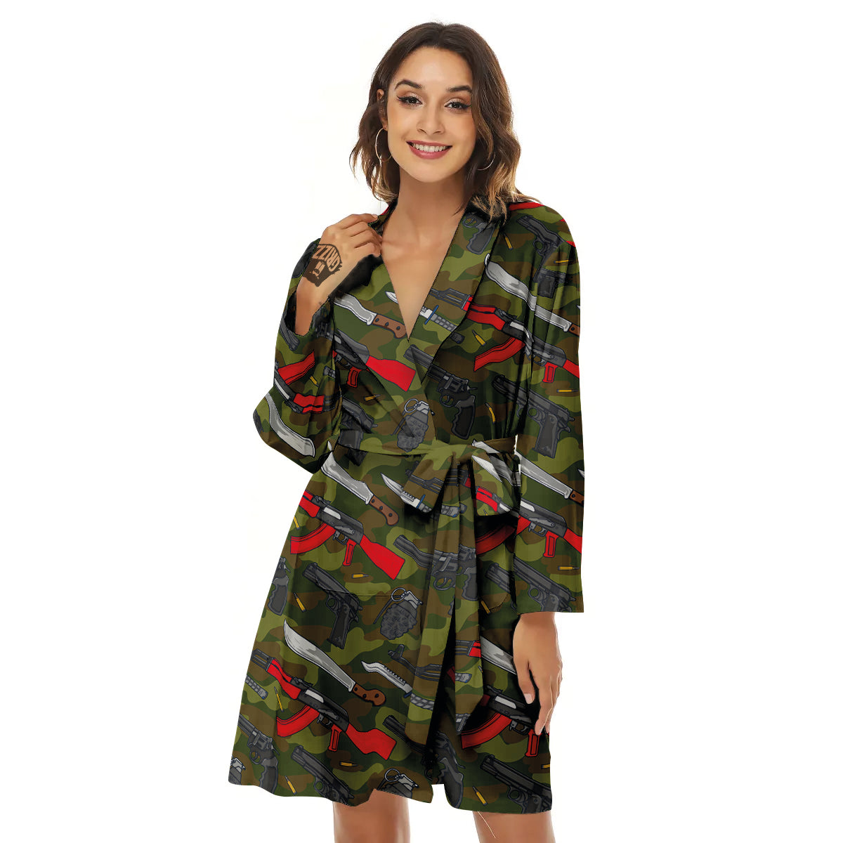 Terrorist Weapon Green Camo Print Pattern Women's Robe-grizzshop