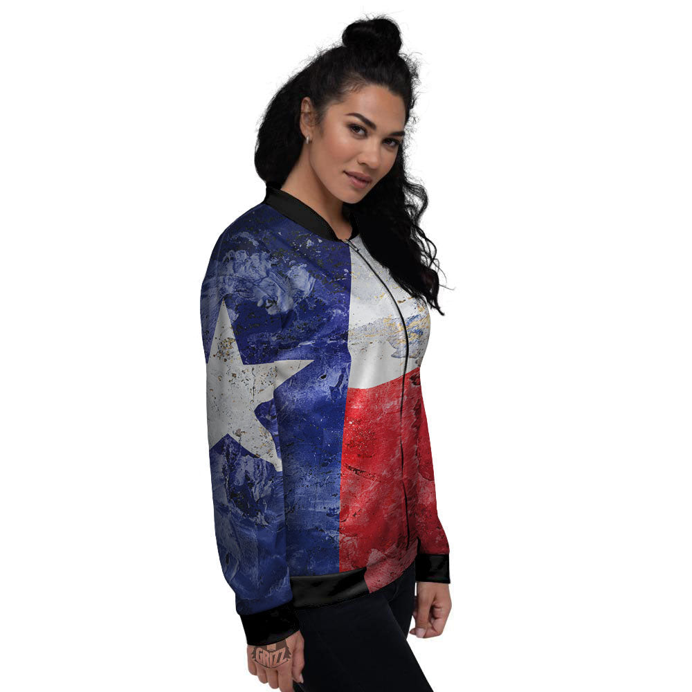 Texas Flag Grunge Print Women's Bomber Jacket-grizzshop