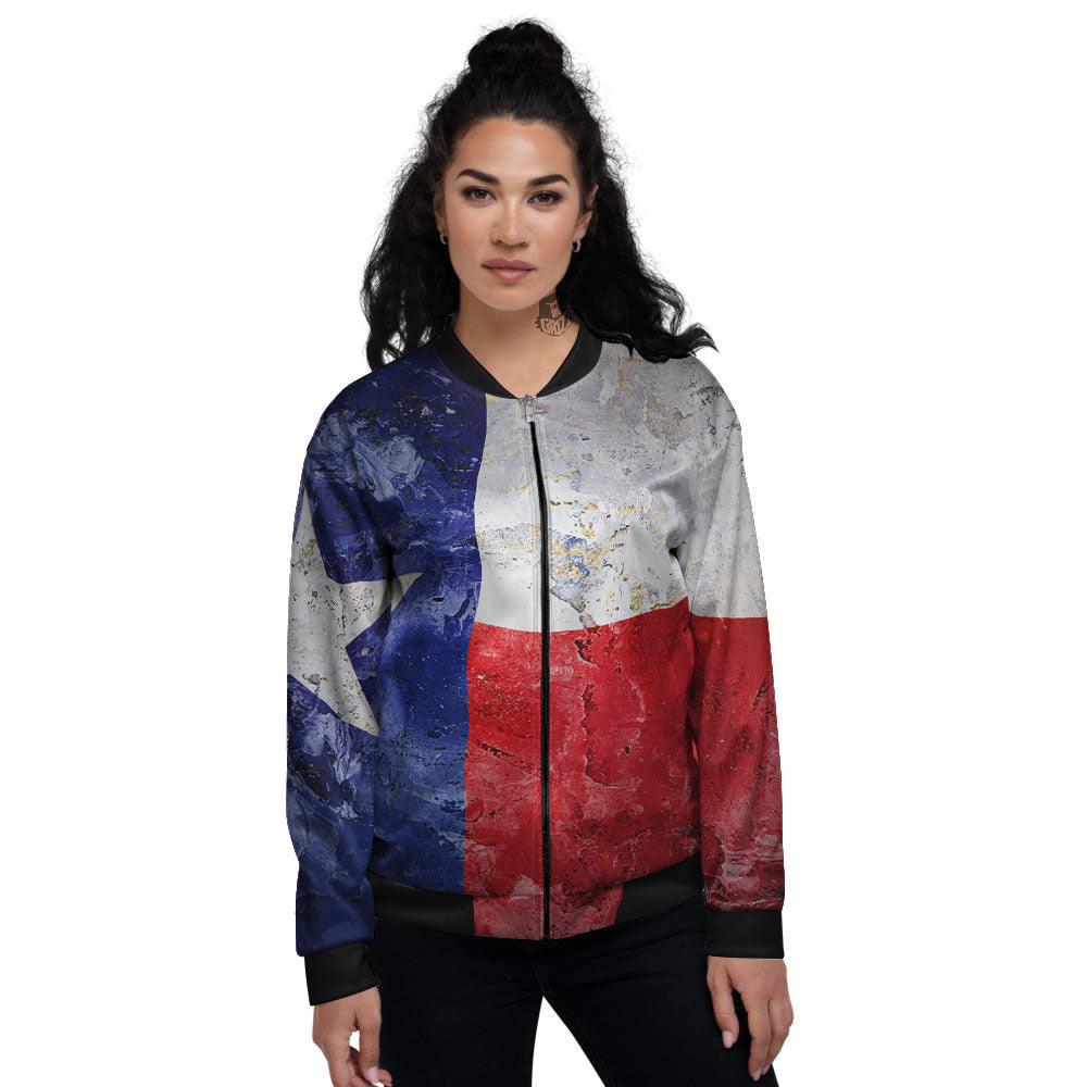 Texas Flag Grunge Print Women's Bomber Jacket-grizzshop